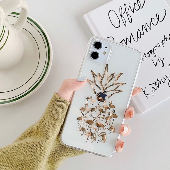 Clear Gold Pineapple Flamingo Trendy iPhone Case - Picture 1 of 3